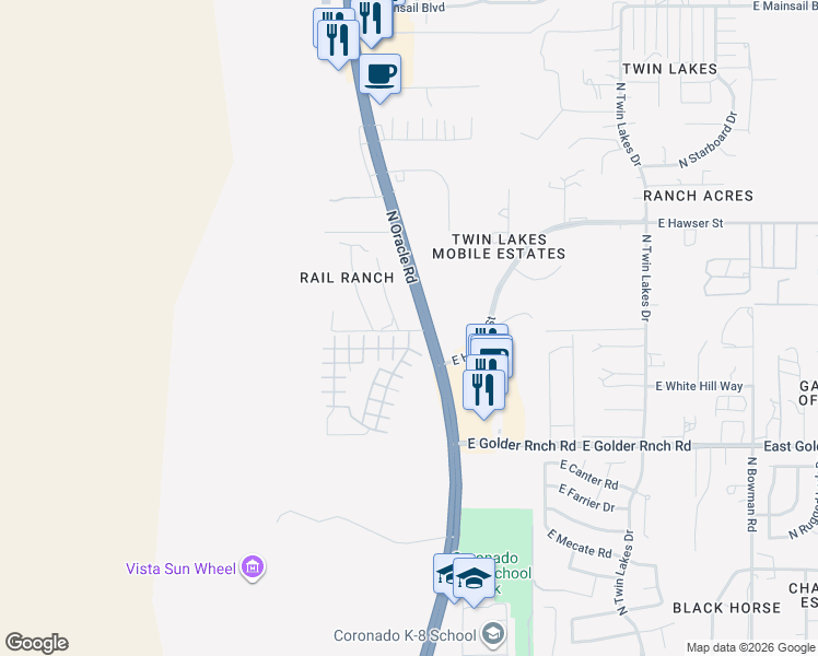 map of restaurants, bars, coffee shops, grocery stores, and more near 15445 East Thistle Street in Catalina