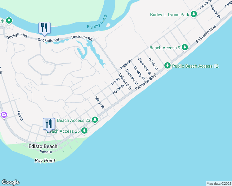map of restaurants, bars, coffee shops, grocery stores, and more near 1806 Myrtle Street in Edisto Island