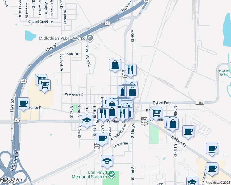 map of restaurants, bars, coffee shops, grocery stores, and more near 401 North 7th Street in Midlothian