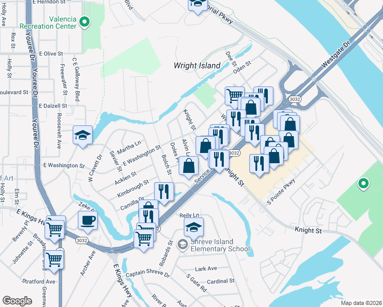 map of restaurants, bars, coffee shops, grocery stores, and more near 2827 Alvin Lane in Shreveport