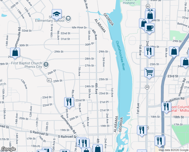 map of restaurants, bars, coffee shops, grocery stores, and more near 2503 4th Avenue in Phenix City