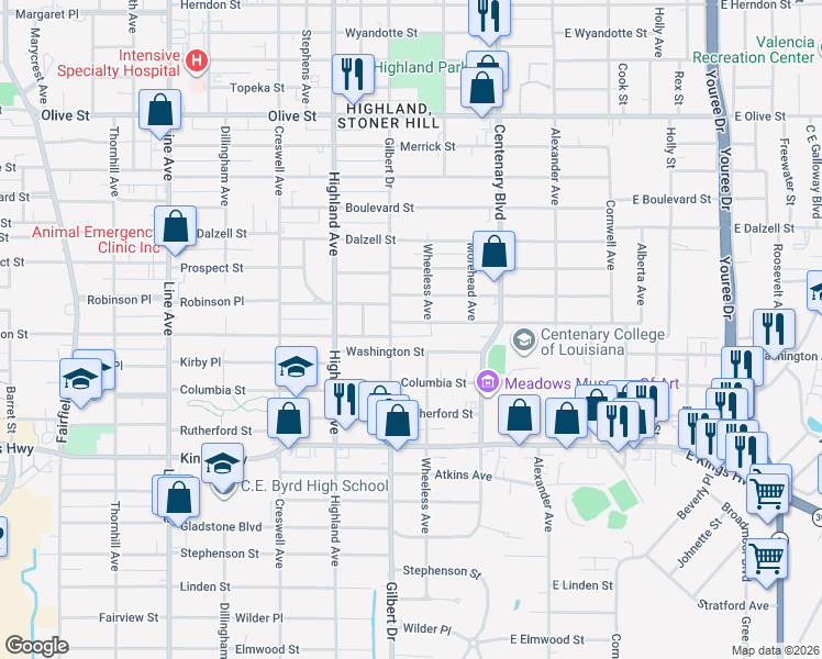 map of restaurants, bars, coffee shops, grocery stores, and more near 315 Wilkinson Street in Shreveport