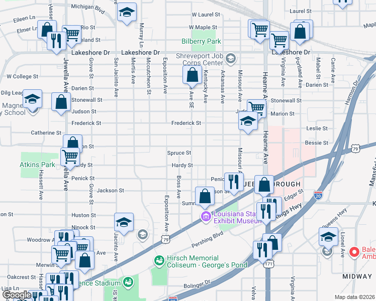 map of restaurants, bars, coffee shops, grocery stores, and more near 2801 Boss Avenue in Shreveport