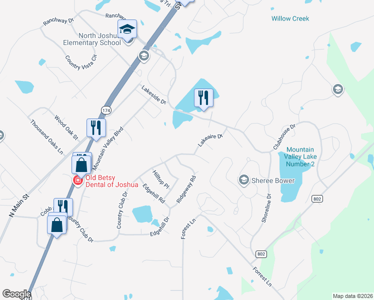 map of restaurants, bars, coffee shops, grocery stores, and more near 807 Country Club Drive in Joshua