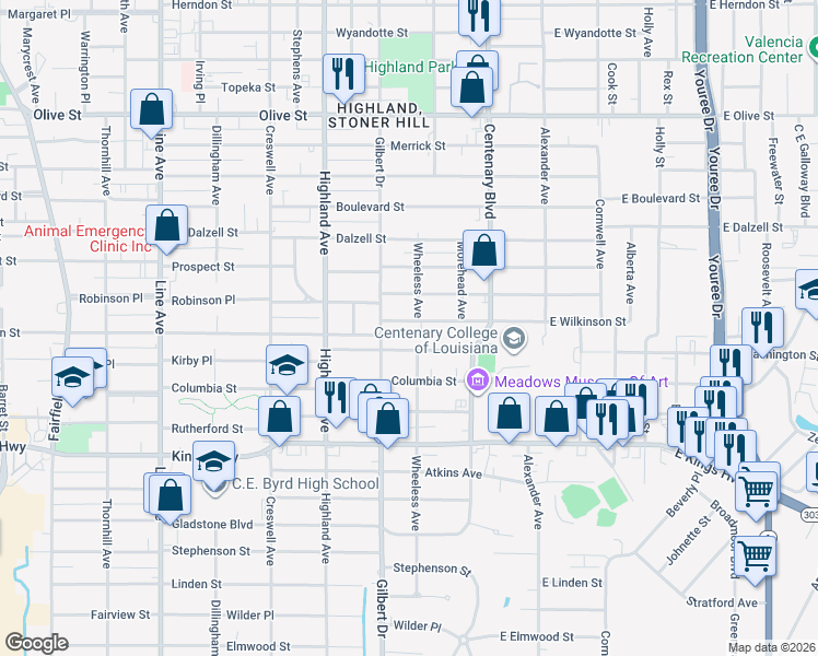 map of restaurants, bars, coffee shops, grocery stores, and more near 311 Wilkinson Street in Shreveport