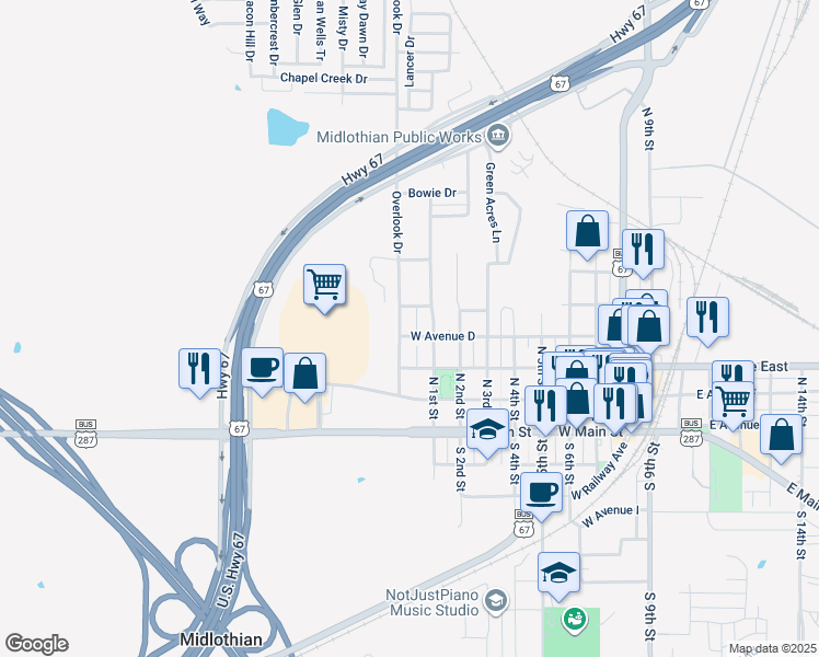 map of restaurants, bars, coffee shops, grocery stores, and more near 402 Overlook Drive in Midlothian