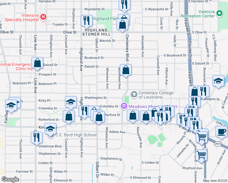 map of restaurants, bars, coffee shops, grocery stores, and more near 259 Wilkinson Street in Shreveport