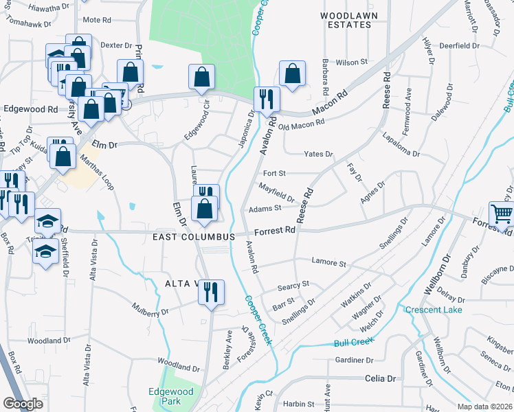 map of restaurants, bars, coffee shops, grocery stores, and more near 4221 Adams Street in Columbus