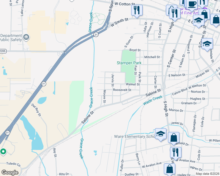map of restaurants, bars, coffee shops, grocery stores, and more near 807 Roosevelt Street in Longview