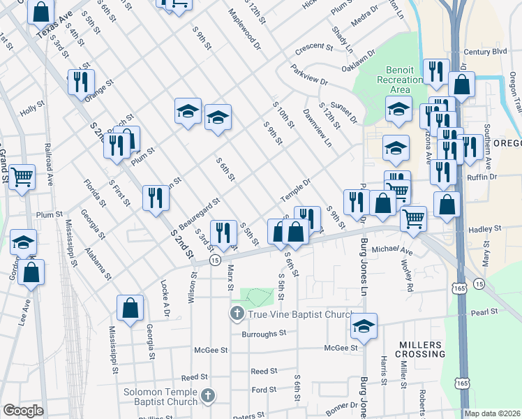 map of restaurants, bars, coffee shops, grocery stores, and more near 1623 South 6th Street in Monroe