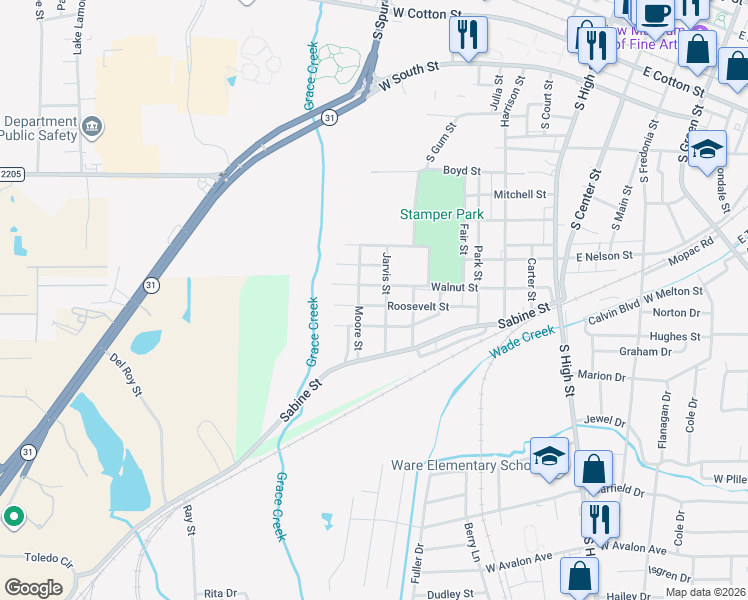 map of restaurants, bars, coffee shops, grocery stores, and more near 807 Roosevelt Street in Longview