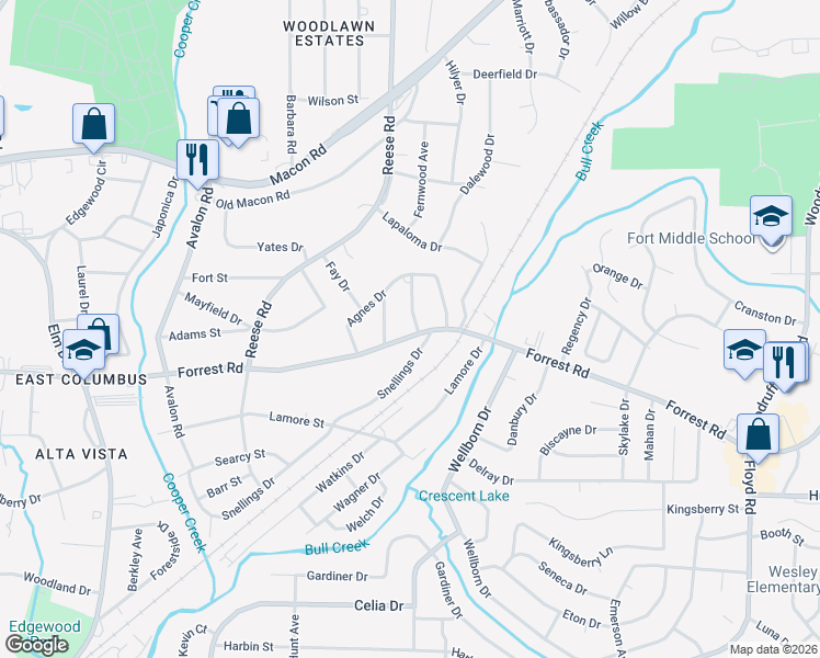 map of restaurants, bars, coffee shops, grocery stores, and more near 4548 Forrest Road in Columbus