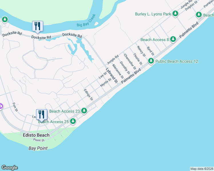map of restaurants, bars, coffee shops, grocery stores, and more near 1705 Palmetto Boulevard in Edisto Island