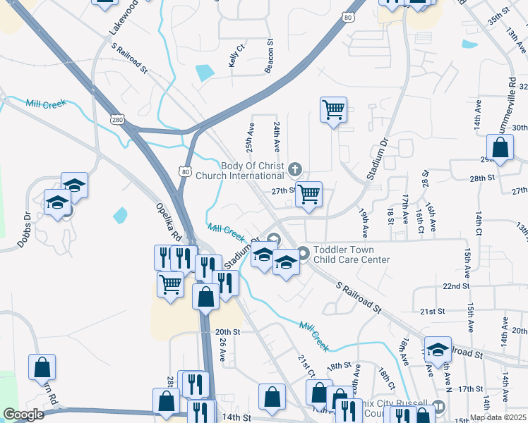 map of restaurants, bars, coffee shops, grocery stores, and more near 2601 South Railroad Street in Phenix City