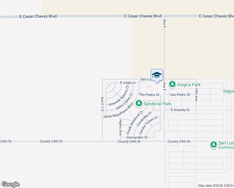 map of restaurants, bars, coffee shops, grocery stores, and more near Raul Grijalva Court in San Luis