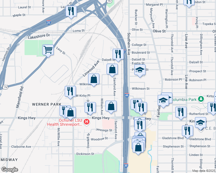 map of restaurants, bars, coffee shops, grocery stores, and more near 1329 Wilkinson Street in Shreveport