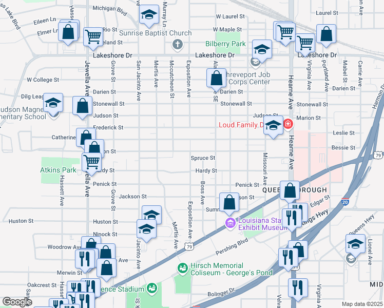 map of restaurants, bars, coffee shops, grocery stores, and more near 3159 Milton Street in Shreveport