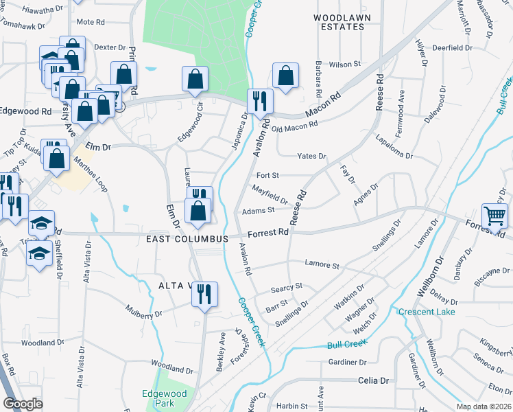 map of restaurants, bars, coffee shops, grocery stores, and more near 4221 Adams Street in Columbus