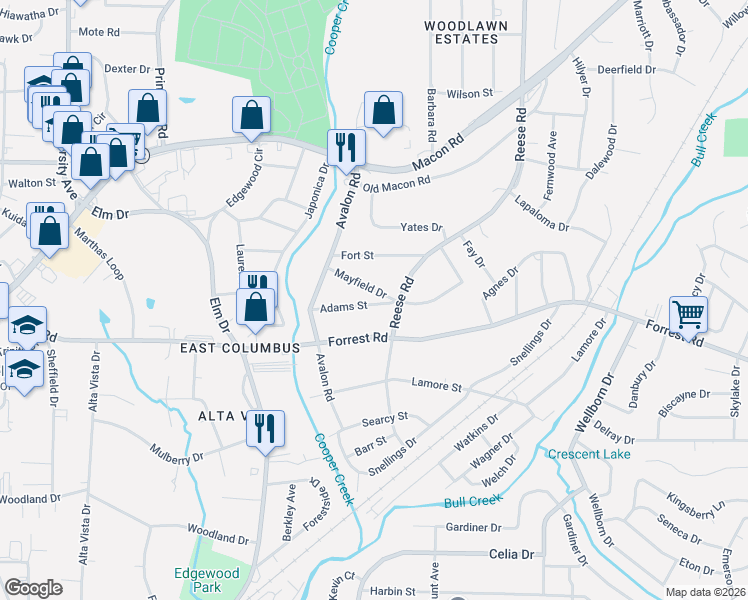 map of restaurants, bars, coffee shops, grocery stores, and more near 4260 Adams Street in Columbus