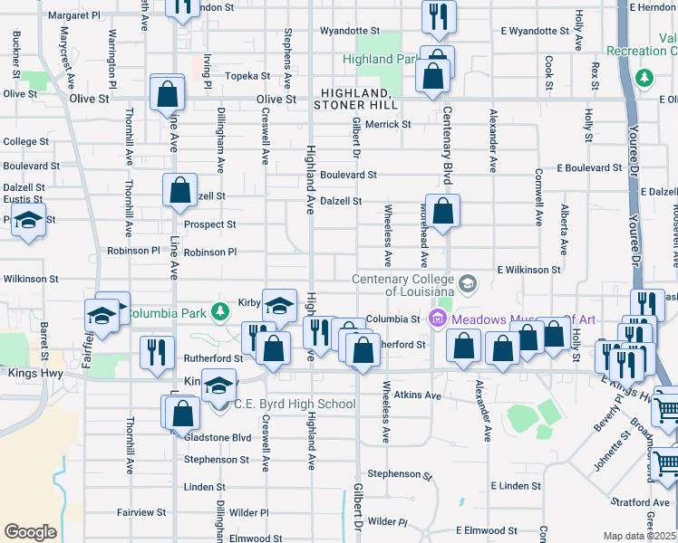 map of restaurants, bars, coffee shops, grocery stores, and more near 2623 Dillard Street in Shreveport