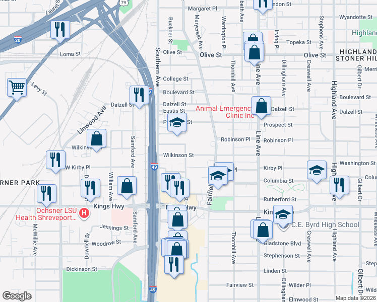 map of restaurants, bars, coffee shops, grocery stores, and more near 1050 Wilkinson Street in Shreveport
