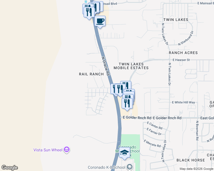 map of restaurants, bars, coffee shops, grocery stores, and more near 15445 East Thistle Street in Catalina