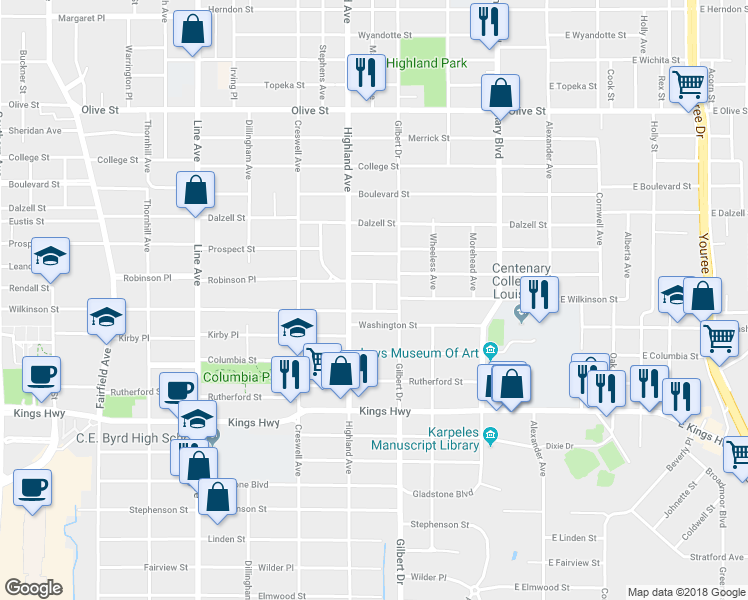 map of restaurants, bars, coffee shops, grocery stores, and more near 2627 Dillard Street in Shreveport