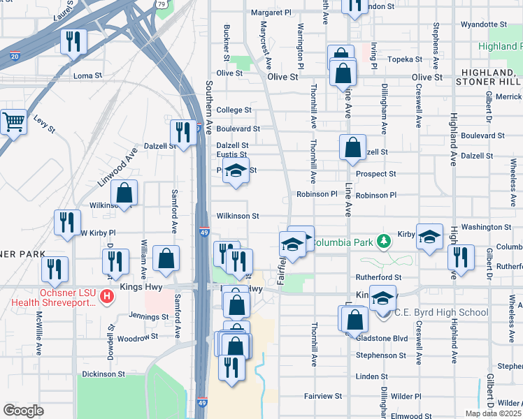 map of restaurants, bars, coffee shops, grocery stores, and more near 1050 Wilkinson Street in Shreveport