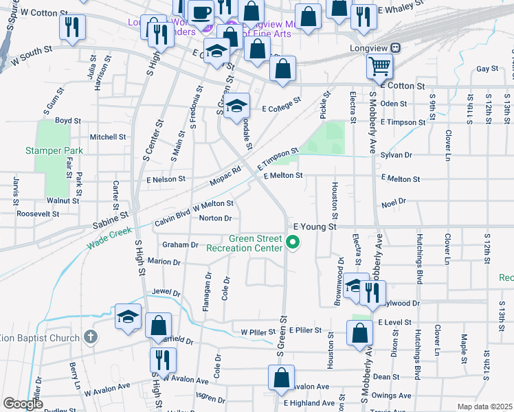 map of restaurants, bars, coffee shops, grocery stores, and more near 717 South Green Street in Longview