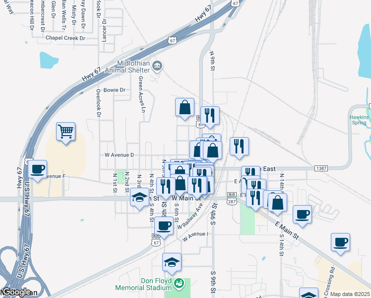 map of restaurants, bars, coffee shops, grocery stores, and more near 401 North 7th Street in Midlothian