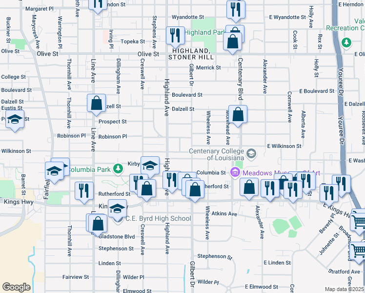 map of restaurants, bars, coffee shops, grocery stores, and more near 2621 Dillard Street in Shreveport