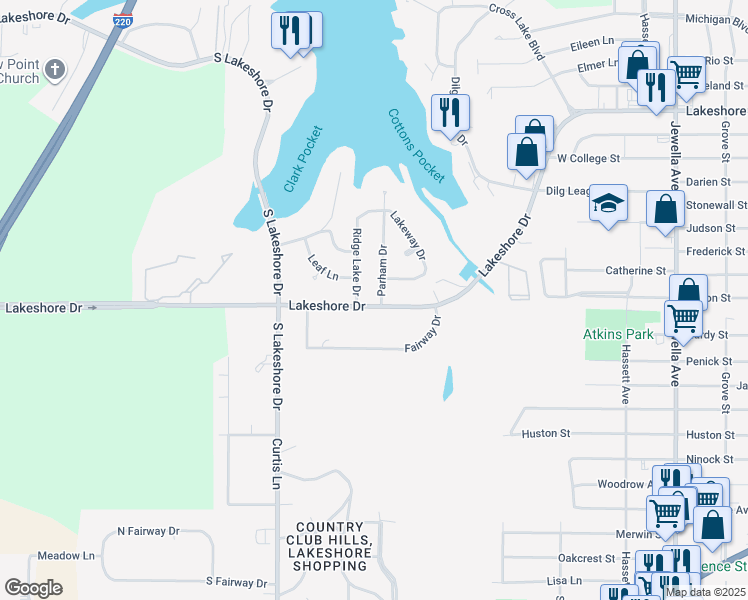 map of restaurants, bars, coffee shops, grocery stores, and more near 4434 Lakeshore Drive in Shreveport