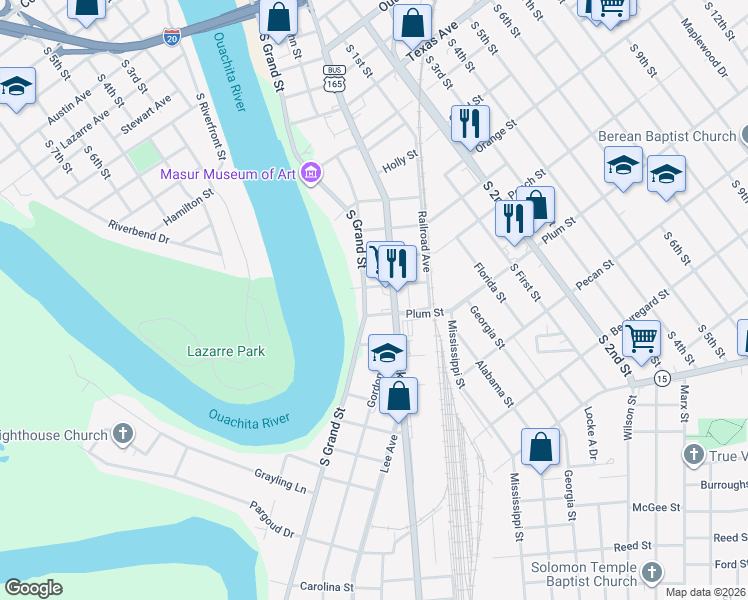 map of restaurants, bars, coffee shops, grocery stores, and more near 1909 South Grand Street in Monroe