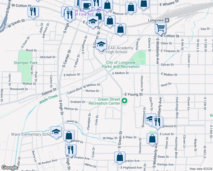 map of restaurants, bars, coffee shops, grocery stores, and more near 717 South Green Street in Longview
