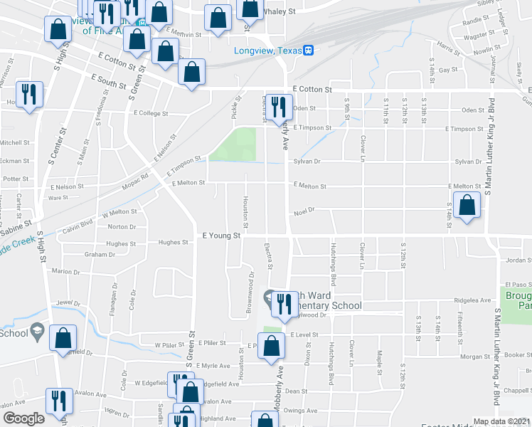 map of restaurants, bars, coffee shops, grocery stores, and more near 599 Electra Street in Longview