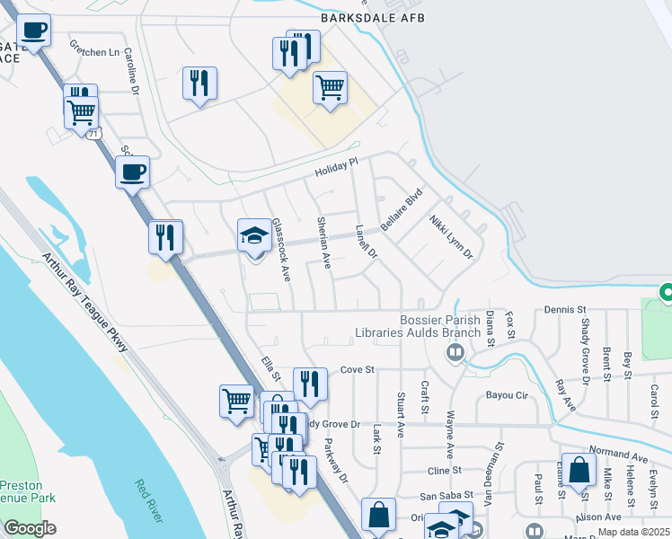 map of restaurants, bars, coffee shops, grocery stores, and more near 3509 Sherian Avenue in Bossier City