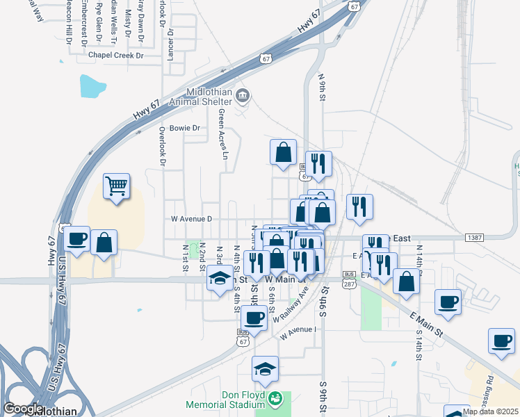 map of restaurants, bars, coffee shops, grocery stores, and more near 417 West Avenue D in Midlothian