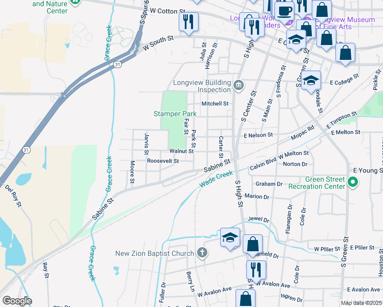 map of restaurants, bars, coffee shops, grocery stores, and more near 610 Park Street in Longview