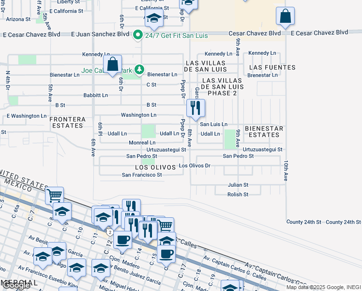 map of restaurants, bars, coffee shops, grocery stores, and more near 1638 San Pedro Street in San Luis