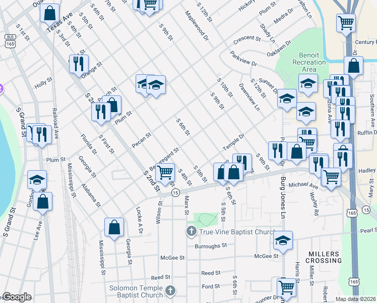 map of restaurants, bars, coffee shops, grocery stores, and more near 1613 S 5th St in Monroe