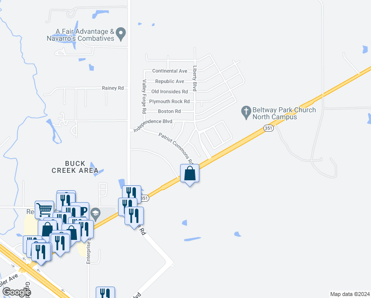 map of restaurants, bars, coffee shops, grocery stores, and more near 2426 Patriot Commons Road in Abilene