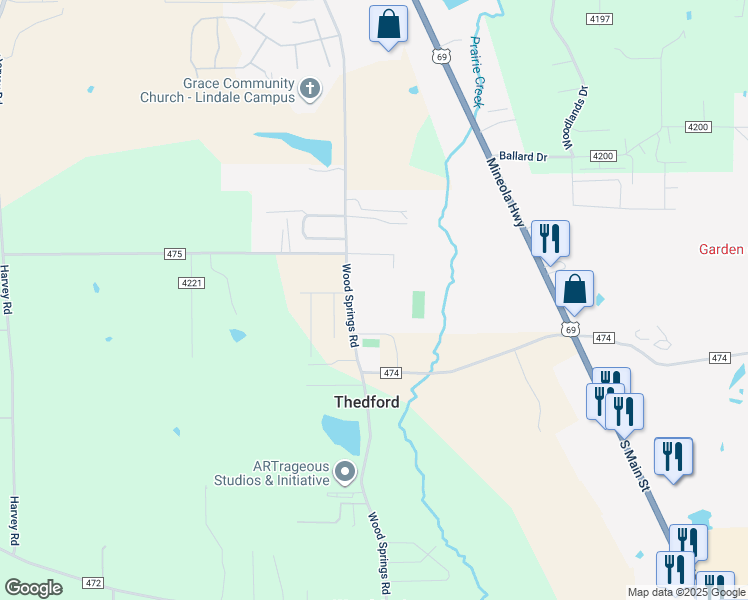 map of restaurants, bars, coffee shops, grocery stores, and more near 15000 Wood Springs Road in Lindale