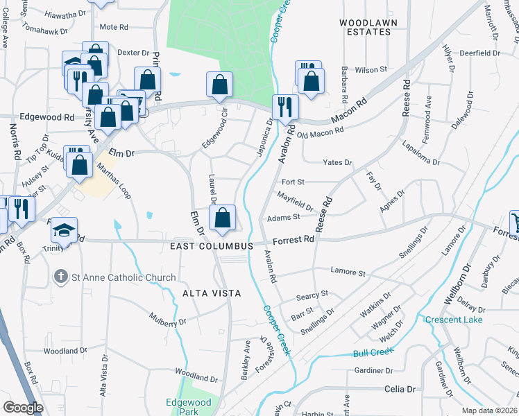 map of restaurants, bars, coffee shops, grocery stores, and more near 2315 Avalon Road in Columbus