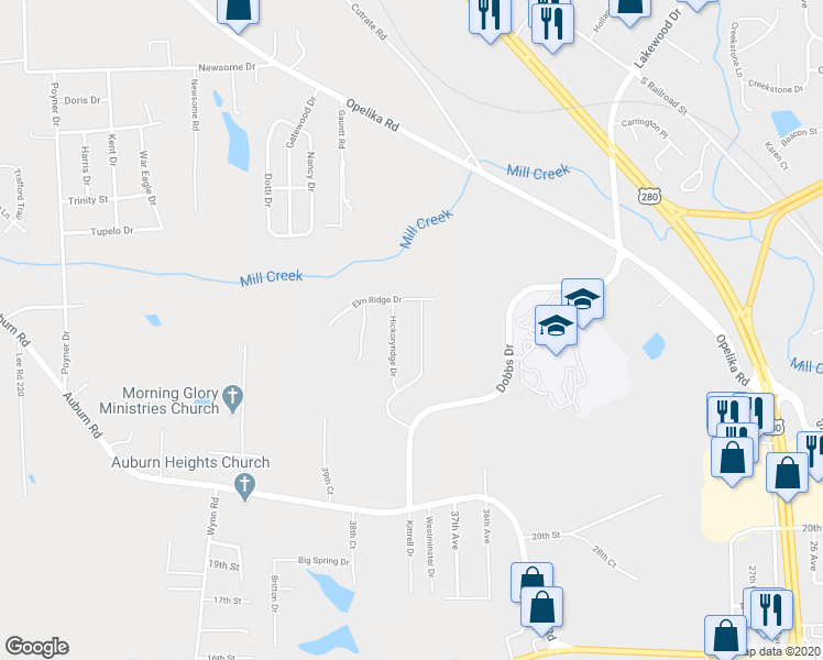 map of restaurants, bars, coffee shops, grocery stores, and more near 2513 Ridge Wood Drive in Phenix City