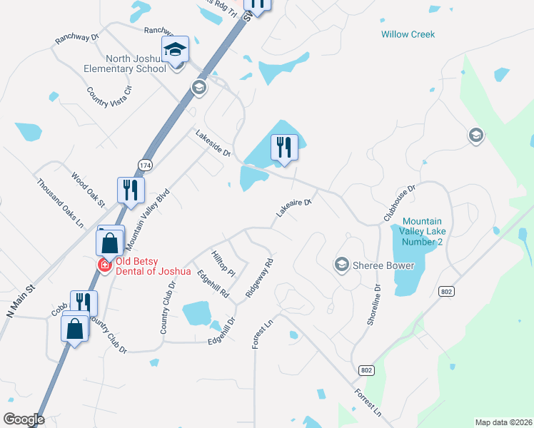 map of restaurants, bars, coffee shops, grocery stores, and more near 807 Country Club Drive in Joshua