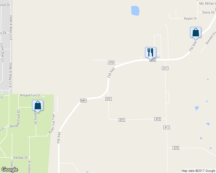 map of restaurants, bars, coffee shops, grocery stores, and more near FM 849 in Lindale