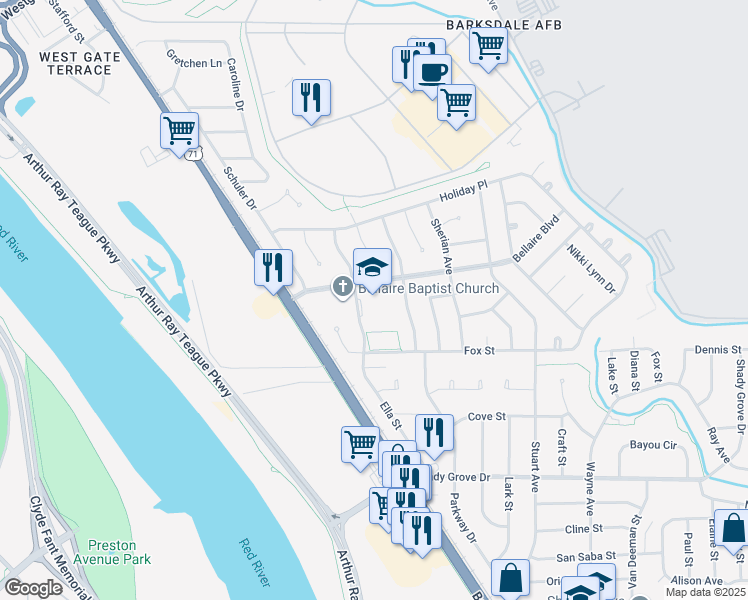 map of restaurants, bars, coffee shops, grocery stores, and more near 1310 Bellaire Boulevard in Bossier City