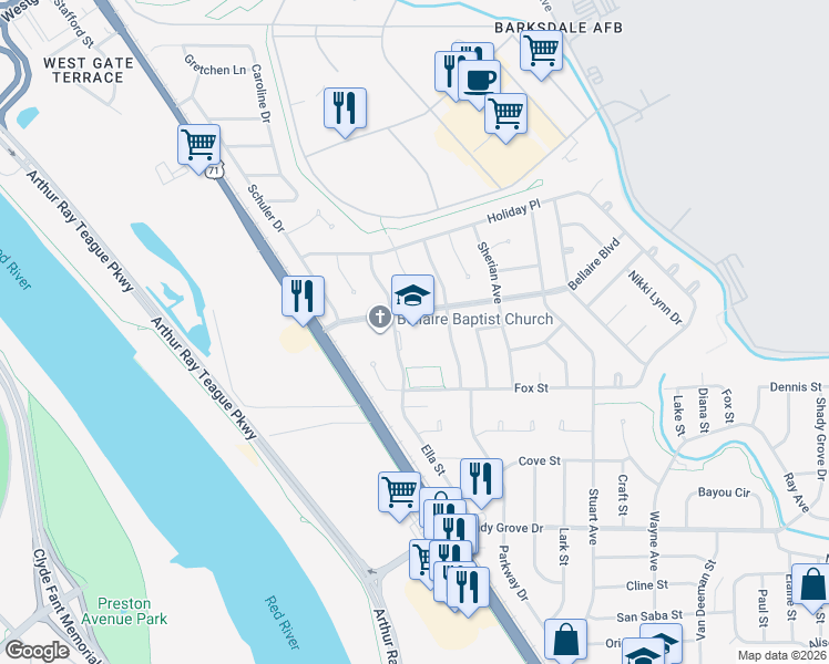 map of restaurants, bars, coffee shops, grocery stores, and more near 1310 Bellaire Boulevard in Bossier City