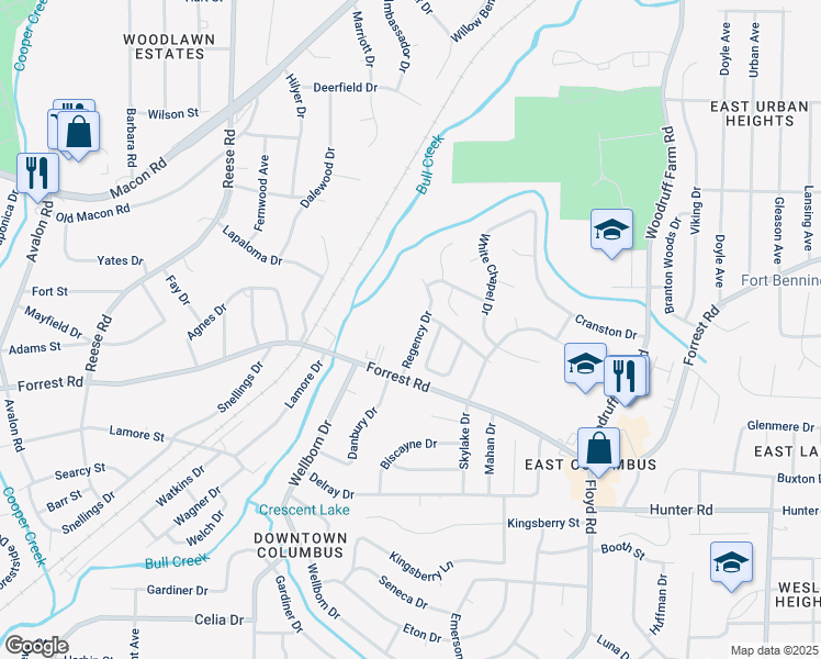 map of restaurants, bars, coffee shops, grocery stores, and more near 2571 Regency Drive in Columbus