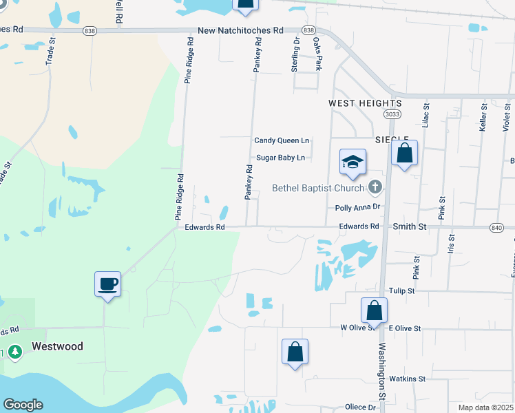 map of restaurants, bars, coffee shops, grocery stores, and more near 425 Pankey Road in West Monroe